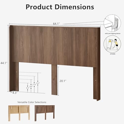 FORTUNETEC 64.1" Queen Size Wood Headboard, Fluted Panel Headboard, Walnut