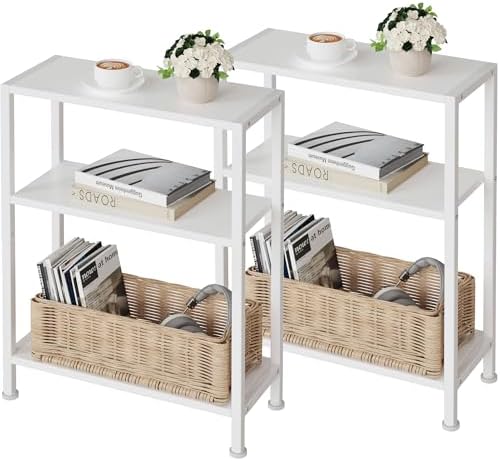 3-Tier Side Table Set of 2, Small End Table, Sofa Side Table for Narrow Spaces, Slim End Table, Nightstand Table, for Living Room Bedroom Office, White