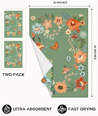 Miss Adola Cute Kitchen Towels Set of 2, 18 x 26 Inch, Green Butterfly
