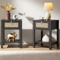 SICOTAS Rattan Nightstand Set of 2 with Storage Shelf, Boho Bedside Tables