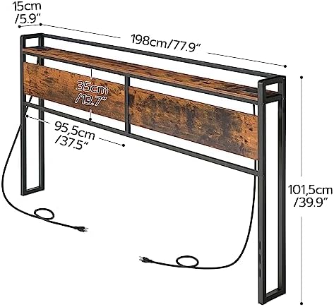 HOOBRO King Size Headboard, Headboard with 2 Outlets and 4 USB Ports, Adjustable Height, Storage Rack, Sturdy and Stable, Easy Assembly, Rustic Brown and Black