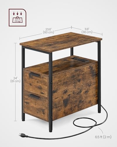 VASAGLE Side End Table with Charging Station, Slim Nightstand with Storage