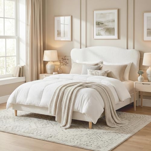 Garvee Bouclé Queen Size Bed Frame with Upholstered Headboard, White