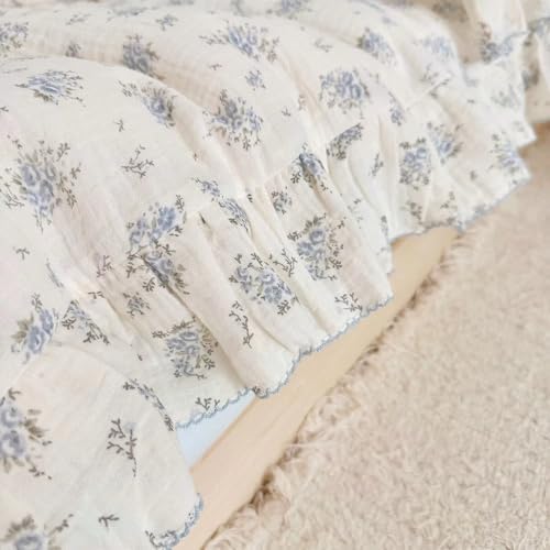 Shabby Chic Blue Floral Duvet Cover Twin with Ruffles, Freesia Print
