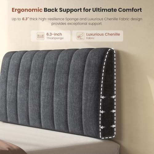 6.3" Upholstered Headboard for Queen Size Bed, Soft Chenille Fabric, Grey