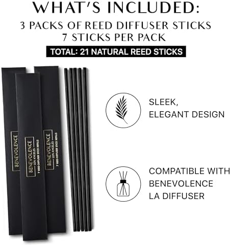 Benevolence LA Reed Diffuser Sticks – 3-Pack of 7 Natural Rattan Sticks per Pouch – Eco-Friendly Reed Replacement for Essential Oil Diffusers – Home Fragrance Accessory for Bedroom & Bathroom