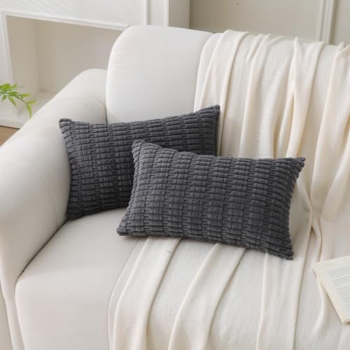 2 Pack Corduroy Decorative Throw Pillow with Inserts, 18x18 Inch Soft Boho Throw Pillow, Square Striped Throw Pillows for Couch, Bed, Sofa Decor (Dark Gray, 12" x 20" (with Inserts))