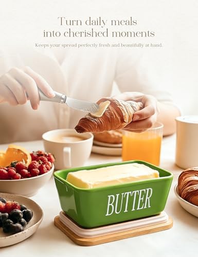 Ceramic Butter Dish with Lid and Knife & Silicone Seal for Countertop Green