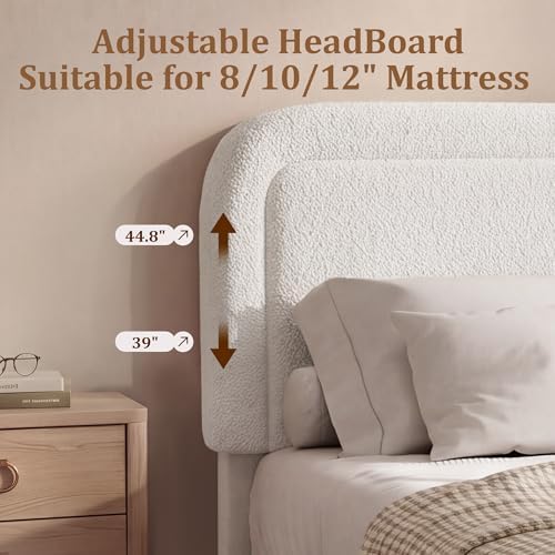 Vipbear Boucle Full Size Bed Frame with Adjustable Headboard, Upholstered Cloud Platform Bed Frame with Wood Slats, Noise-Free Full Bed, No Box Spring Required, Easy Assembly, White