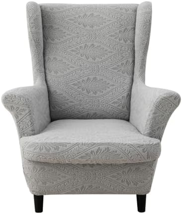 HZDHCLH Wingback Chair Slipcovers 2 Piece Stretch Spandex Chair Covers Washable Armchair Protector with Elastic Fit for Living Room Bedroom Light Gray Embossed Leaf Pattern
