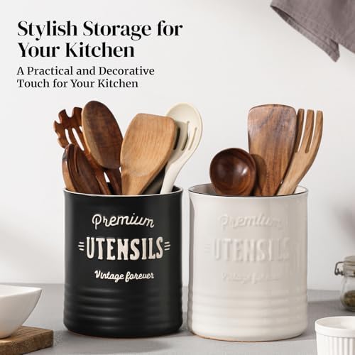 DOWAN 7.2" Large Ceramic Utensil Holder for Kitchen Counter, Matte Black