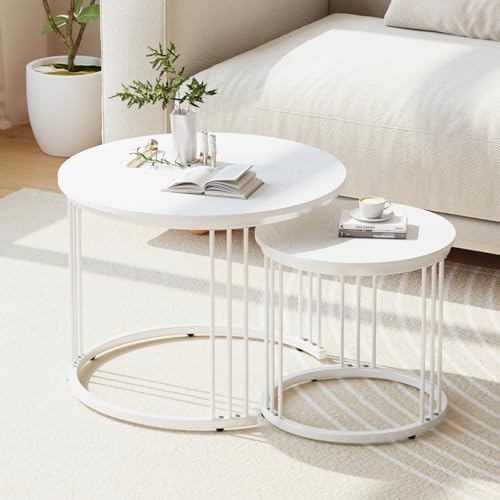 Garden 4 you Nesting Coffee Table, 23.6" Round Coffee Table Set of 2, Wooden Nesting Table with Metal Frame, Ceter Tables for Living Room Bedroom Balcony, White