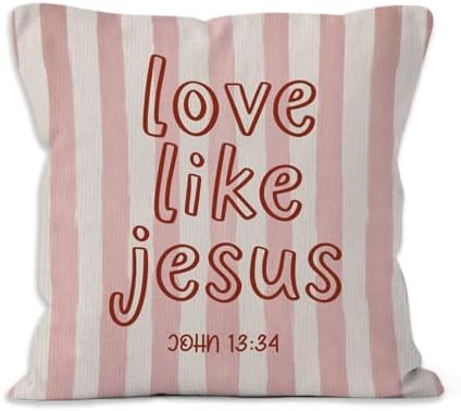 Pink Striped Christian Bible Verse Throw Pillow Cover 18x18, Love Like Jesus Religious Decorative Pillow Covers for Home Bedroom Living Room Couch, Christian Gifts Accent Pillows Cover Pillowcases