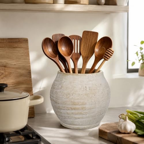 Briful Utensil Holder for Kitchen Counter, 7.4" Rustic Ceramic Vase Crock Decor, Beige Crocks Pottery Jar, Distressed Antique Storage Organizer for Modern Farmhouse, Cooking Tools Spoon Ladle