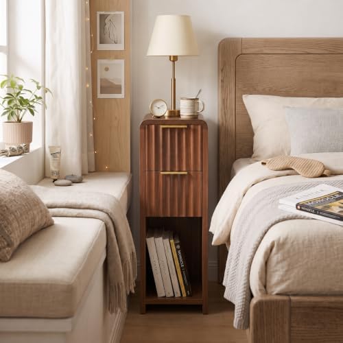 8 Inch Nightstand, 2 Drawers & Shelf, 1 Pack, Light Walnut
