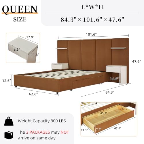 Queen Size Bed Frame with Storage & Built-in Nightstands & Drawers, Ocher
