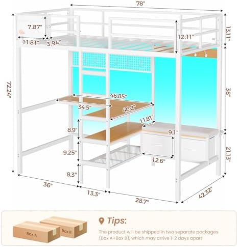 DICTAC Twin Loft Bed with L-Shaped Desk, Storage Shelves and Charging Station Twin Size Metal Loft Bed with LED Lights and Coat Rack with 2 Storage Drawers,Top Bunk with Safety Guard & Stair, White