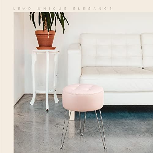 LUE BONA Faux Leather Vanity Stool Chair for Makeup Room,19” Height, Tufted Vanity Chair Stool with Metal Legs, Modern Ottoman for Bedroom, Living Room