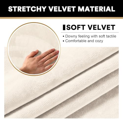 PrinceDeco Velvet Plush Couch Cover Stretch 2 Piece Chair Cover Chair Slipcover Washable Furniture Protector Couch Soft with Elastic Bottom Armchair Cover Width Up to 49 Inch(Small, Ivory)