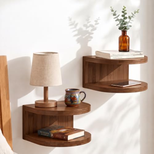 Bamboo Floating Wall Mounted Nightstand Wall Storage Shelf (2, Walnut)
