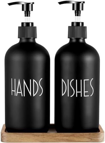 ALELION Black Dish Soap Dispenser Set for Kitchen - 16 OZ Hand Soap Dispenser with Pump and Acacia Wood Tray - for Black Kitchen Decor and Accessories