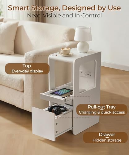 White Narrow Side Table, Slim End Table with Charging Station