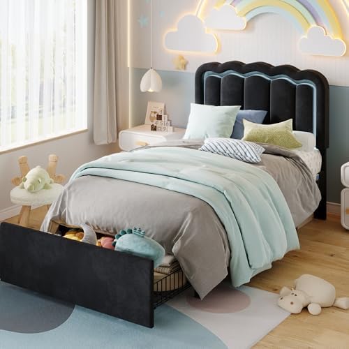 SHA CERLIN Twin Size Bed Frame with LED Lights and Storage Drawer, Black