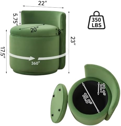 Large Velvet Vanity Chair, 360° Swivel Makeup Chair with Storage, Green