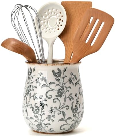 Utensil Holder for Kitchen Counter, Modern Farmhouse Cooking Utensil Holder and Crock Home Kitchen Decor, Ceramic Utensil Organizer for Spatula, Ladle, Eggbeater, Rolling Pin- Gray Flower Patterns