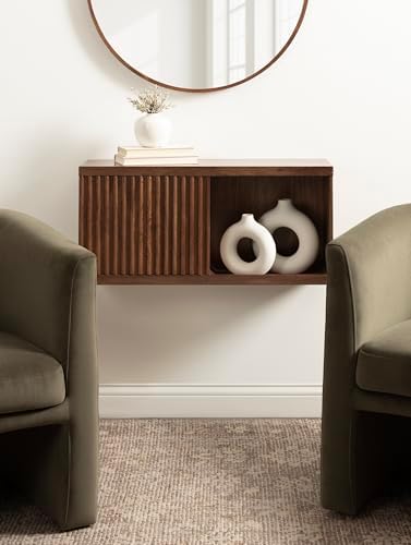 Kate and Laurel Furrow Modern Wooden Sliding Ribbed Door Wall Cabinet; 30 x 10 x 14; Black; Decorative Storage Cabinet with Sliding Door for Use as Floating Nightstand or Floating TV Shelf