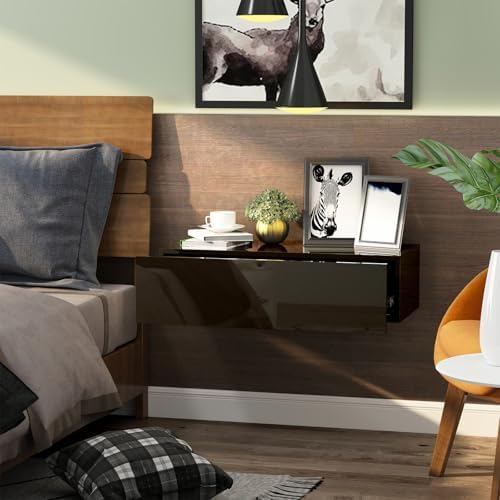 HedoAjim Black Modern Floating Wall Mounted Nightstand with Drawer Storage Wood Bedside Table Small Wall Shelf for Bedroom Living Room