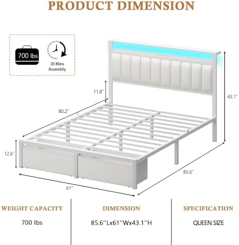 Furnulem White Queen Bed Frame with PU Upholstered Headboard & 2 Drawers