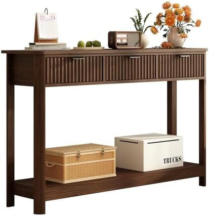 RUSTOWN Fluted Wood Console Table with 3 Drawers, 47.2" Boho Entryway Table