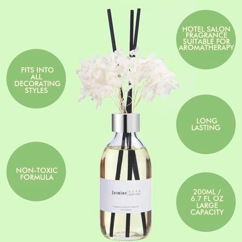 Clesh Reed Diffuser Set, 6.7 oz Jasmine Scented Diffuser with Sticks, Home Fragrance Reed Diffuser for Bathroom Shelf Decor