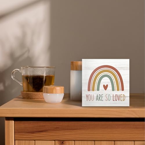 Boho Rainbow Christian Nursery Wood Box Sign Desk Decor 5X5, You Are So Loved Wooden Block Sign Decorations for Kids Boy Girl Nursery Room Bedroom Playroom Desk Table Wall Tabletop Shelf Decor