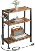 End Table with Charging Station, 3-Tier Side Table for Small Space, Skinny Nightstand with USB/Type C Port and 2 Outlets, Slim Beside Table for Living Room, Bedroom, Balcony, Rustic Brown