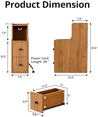 Set of 2 Narrow End Table with Charging Station, Walnut Skinny Bedside Tables with Storage Drawers, Small Side Tables for Small Spaces, Bedroom