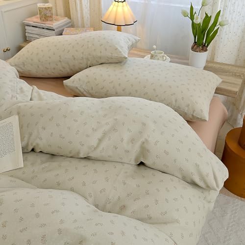 LifeTB Green Floral Duvet Cover Set Twin XL, Soft Cotton Gauze Duvet Cover with 2 Pillowcases, Vintage Botanical Floral Muslin Bedding Set, Aesthetic Flower Cottagecore Comforter Cover Twin XL