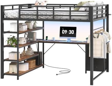 Loft Bed Full Size with L Shape Desk,4 Drawers,3-Tier Storage Shelves Metal Loft Bed Frame with Power Outlet and LED Lighted,No Box Spring Needed,Space-Saving,Noise Free (Brown & Black, Full Size)