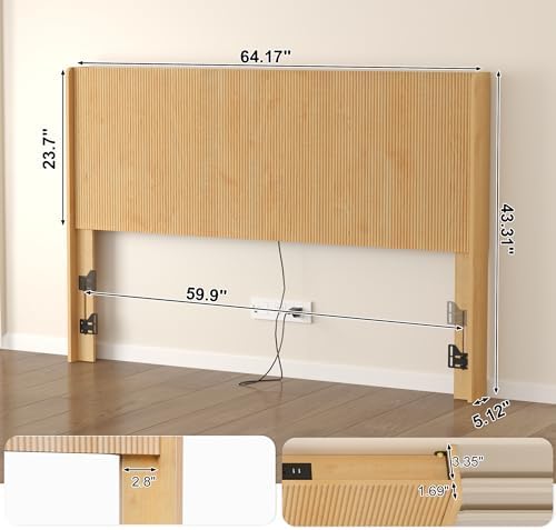 Queen Size Headboard with Nightstands, Boho Wood Head Board & Nightstand Set of 2 with Charging Station & LED Lights, Modern Fluted Wall-Mounted Bed Headboards for Bedroom, Height Adjustable, Natural