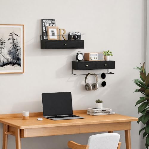 Floating Shelves With Drawers Set of 2, Wall Mounted Storage for Bathroom