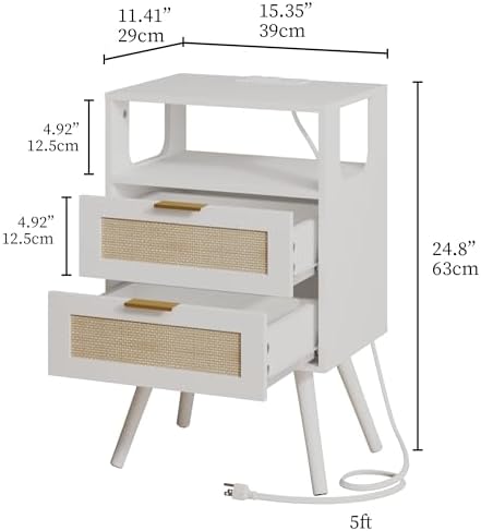 JOONEE Rattan Nightstand with Charging Station,Farmhouse Bedside Table with 2 Storage Drawer and Open Wood Shelf, for Bedroom and Small Spaces,Night Stand with Solid Wood Legs (White-Outlet)