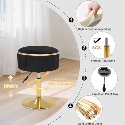 Adjustable Vanity Stool, Velvet Makeup Stool with Storage Black