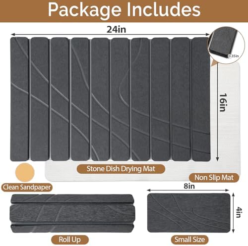 Large Stone Dish Drying Mat for Kitchen Counter,2 PCS Quick Dry Stone Mats,Foldable Water Absorbing Diatomaceous Drying Pad for Countertop Bottles Utensils Cups (Flow Line Dark Gray 24"x16" & 8"x4")