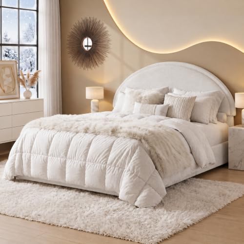 REVOMINCA Queen Bed Frame, Boucle Upholstered Platform Bed Frame with Rounded Corners, Soft Bedframe with Round Headboard, No Box Spring Required, Easy Assembly, White