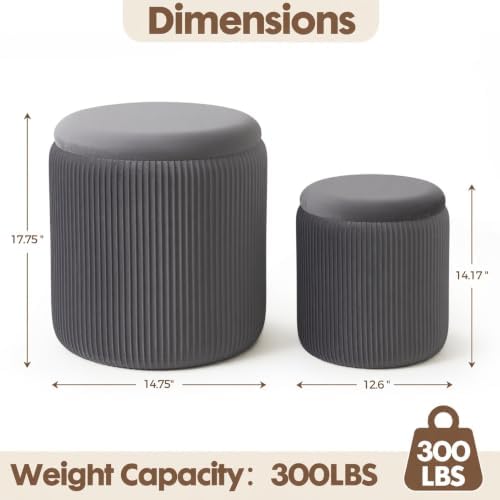 YYW HOME Round Ottoman with Storage Set of 2, Gray Vanity Stool Foot Rest