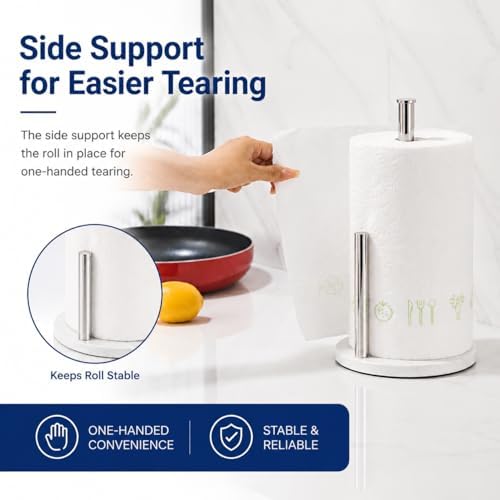 Chrome Paper Towel Holder for Kitchen Countertop, 304 Stainless Steel Roll Dispenser with White Engineered Marble Weighted Base, Freestanding Paper Towel Stand for Standard Rolls