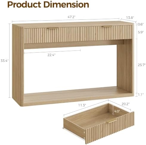 IRONCK 47" Fluted Console Table for Entryway with 2 Large Drawers, Oak