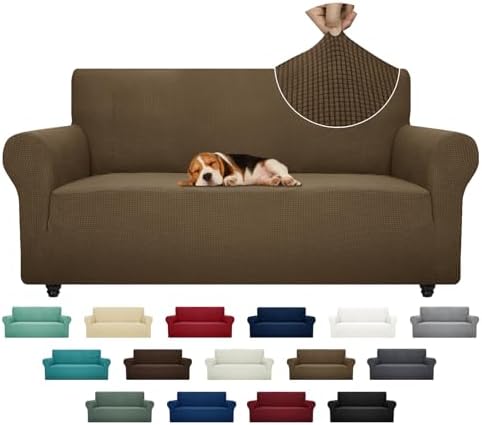 ZNSAYOTX Super Stretch Couch Cover (72"-92") Universal Sofa Covers with Elastic Bottom, Dog Cat Pets Friendly Washable Furniture Protector Fitted Sofa Slipcovers Stay in Place (Brown, Sofa)