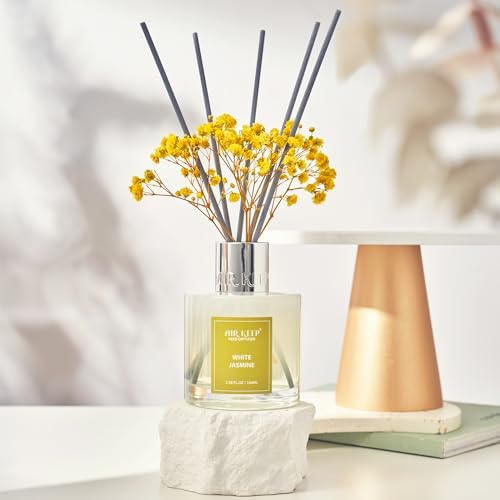 Airkeep Reed Diffuser Set,3.38 fl oz (100 ml) - White Jasmine Oil Diffusers with 8 Reed Sticks, Home Fragrance Reed Diffuser for Bathroom Shelf Decor